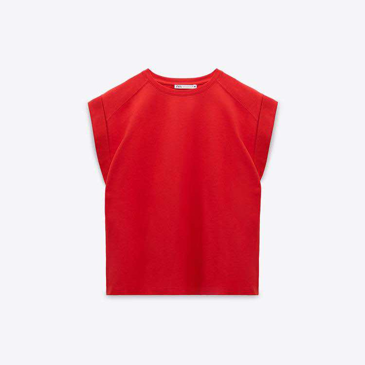 Zara Red Plain Rib Cotton Tshirt with Tab (XS)