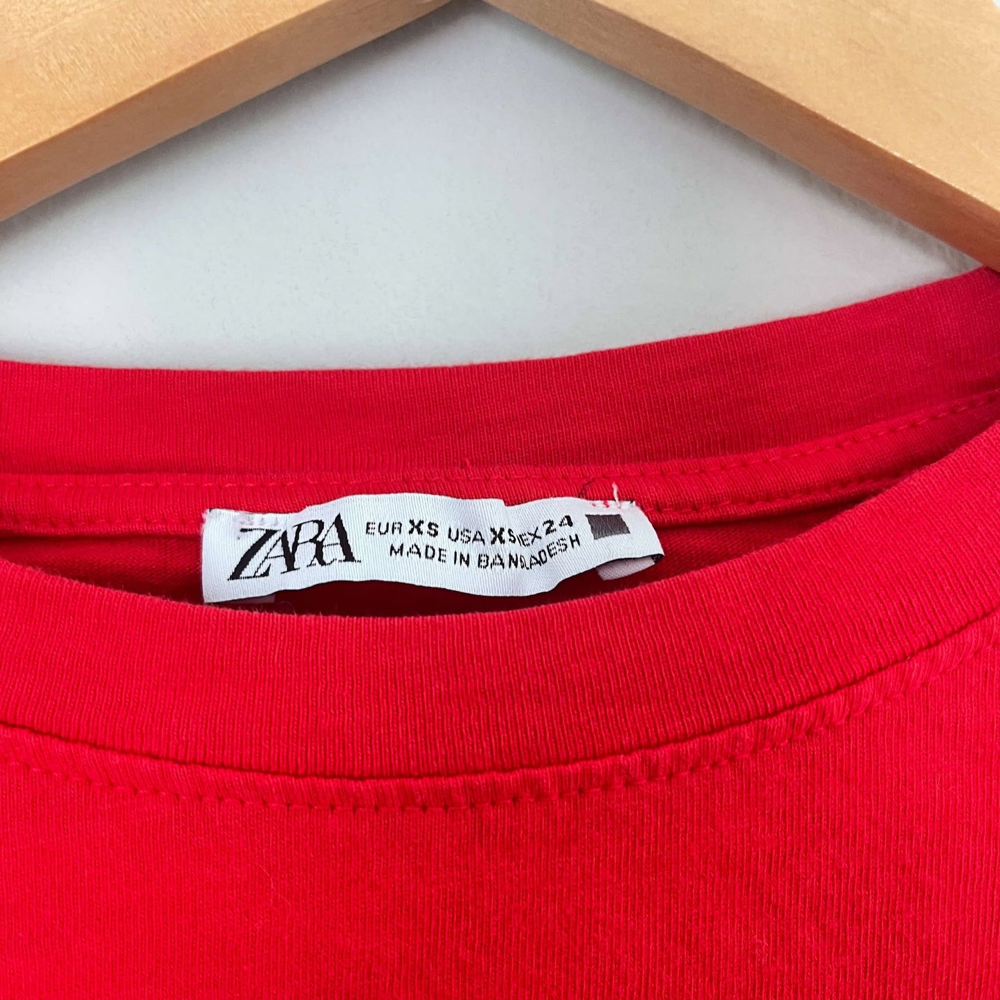 Zara Red Plain Rib Cotton Tshirt with Tab (XS)