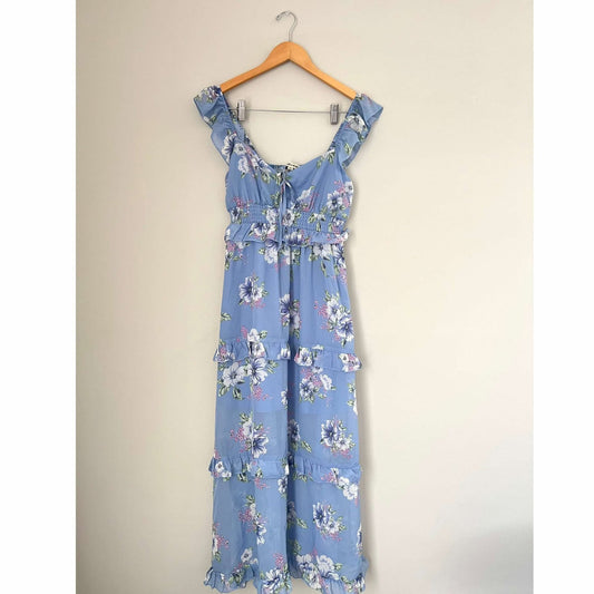 Inspired Hearts Blue Floral Tiered Maxi Dress Size Medium