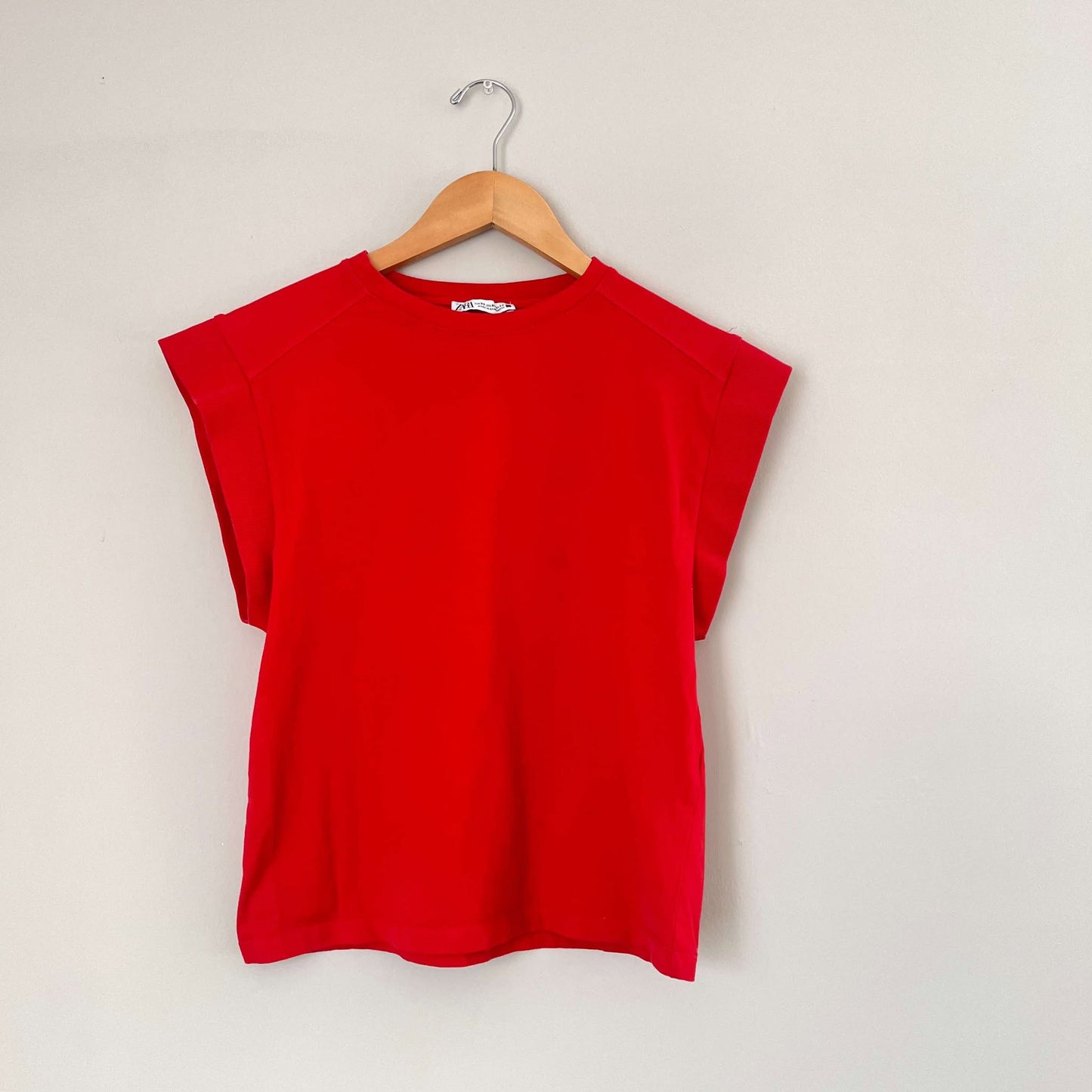 Zara Red Plain Rib Cotton Tshirt with Tab (XS)