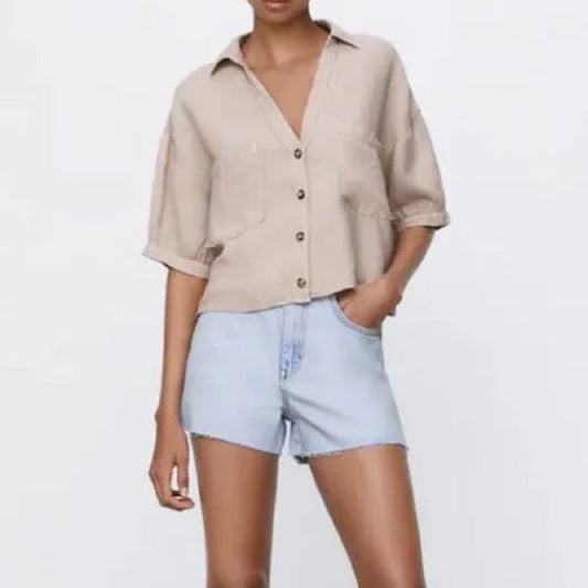 Zara 100% Linen Cropped Button Up Top (S)