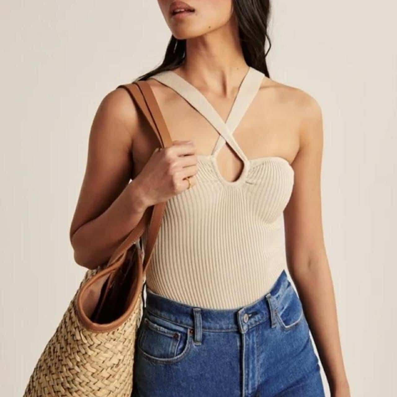 Abercrombie & Fitch White Ribbed Twist Halter Bodysuit (M)