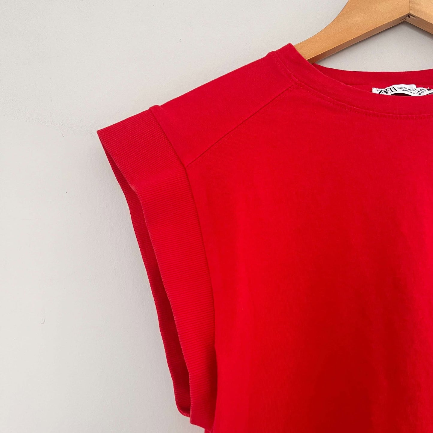 Zara Red Plain Rib Cotton Tshirt with Tab (XS)