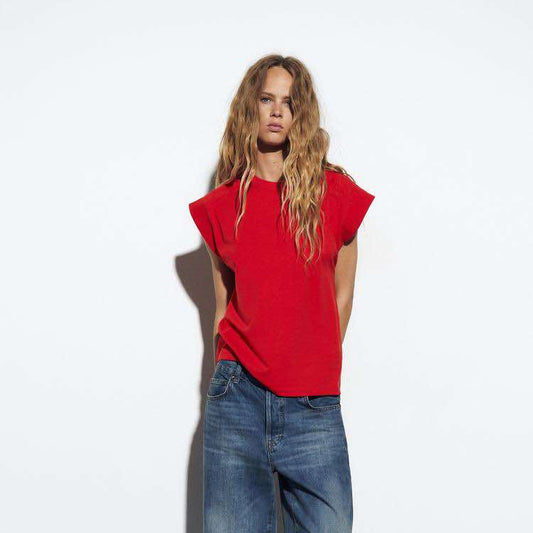 Zara Red Plain Rib Cotton Tshirt with Tab (XS)