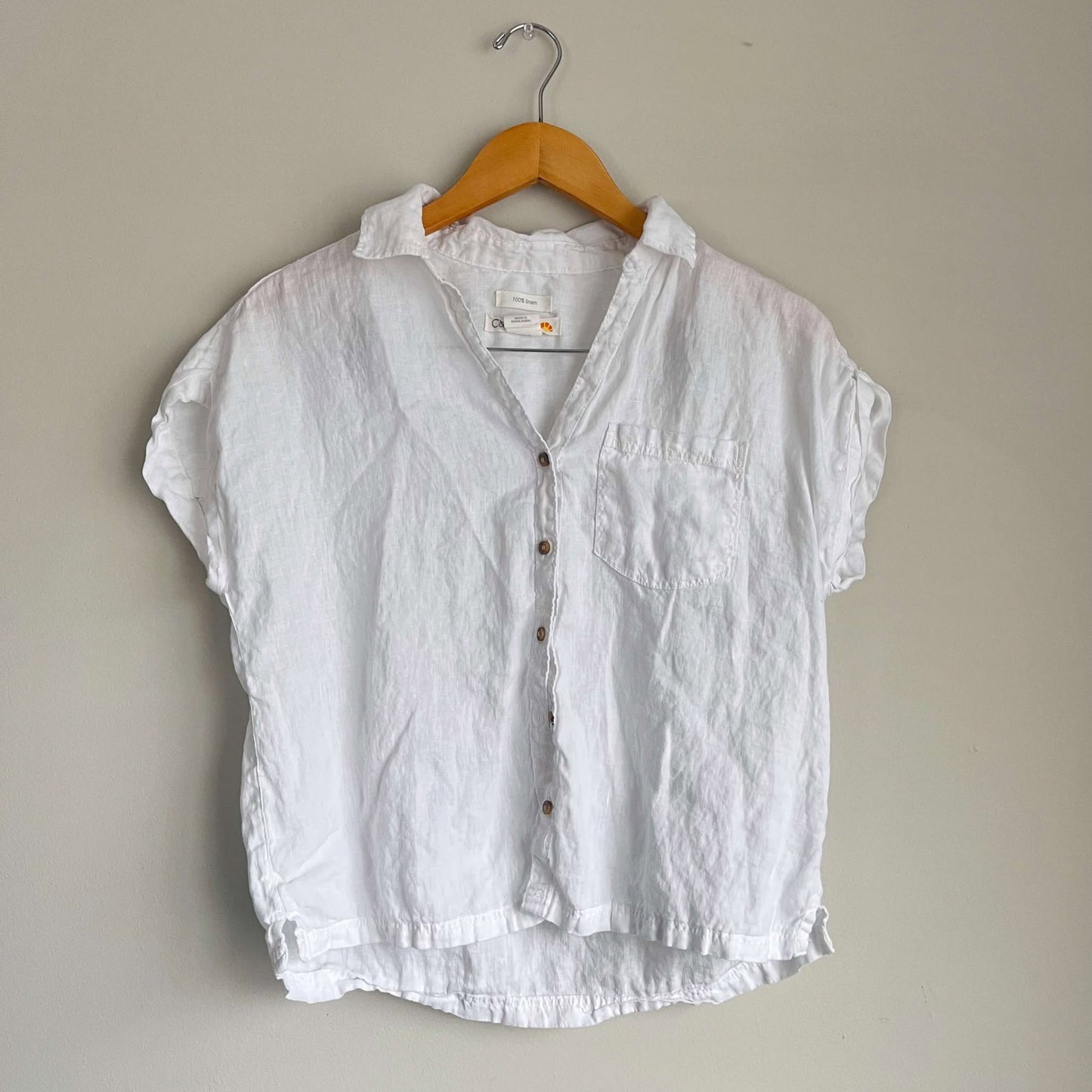 - C&C California White 100% Linen Button Up Short Sleeve Top Size Small