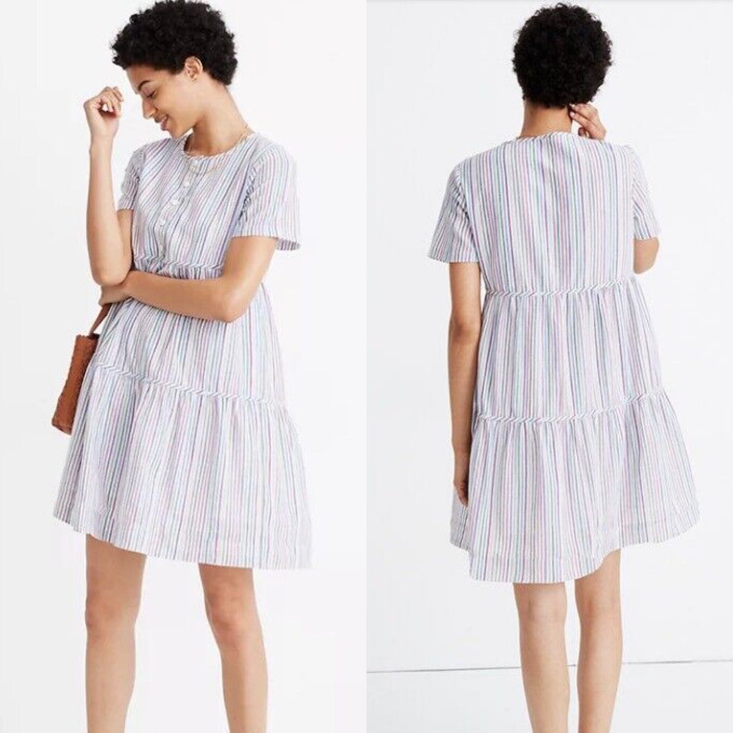 MADEWELL Striped Crewneck Button Front Tiered Mini Dress (S)